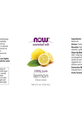 Now Foods Essential Oils Lemon Oil label, 100% pure Citrus limon, for refreshing aroma and uplifting benefits.